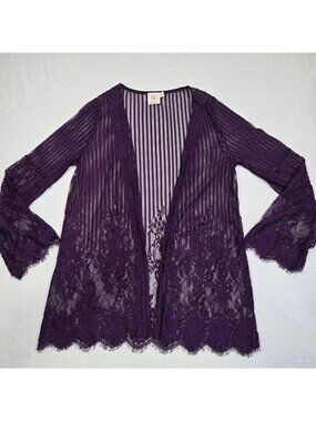 Grace & Emma S/M Lace Mesh Cardigan Deep Purple Floral Whimsigoth Bell Sleeves